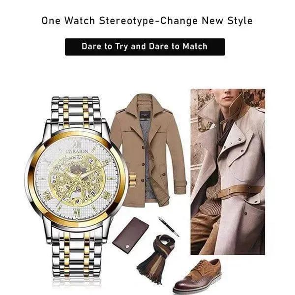 ⌚ UNRAION Luxury Skeleton Gold & Silver Watch for Men 💎